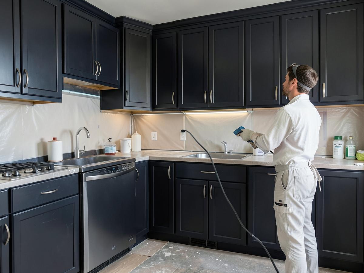 Kitchen cabinets being sprayed charcoal
