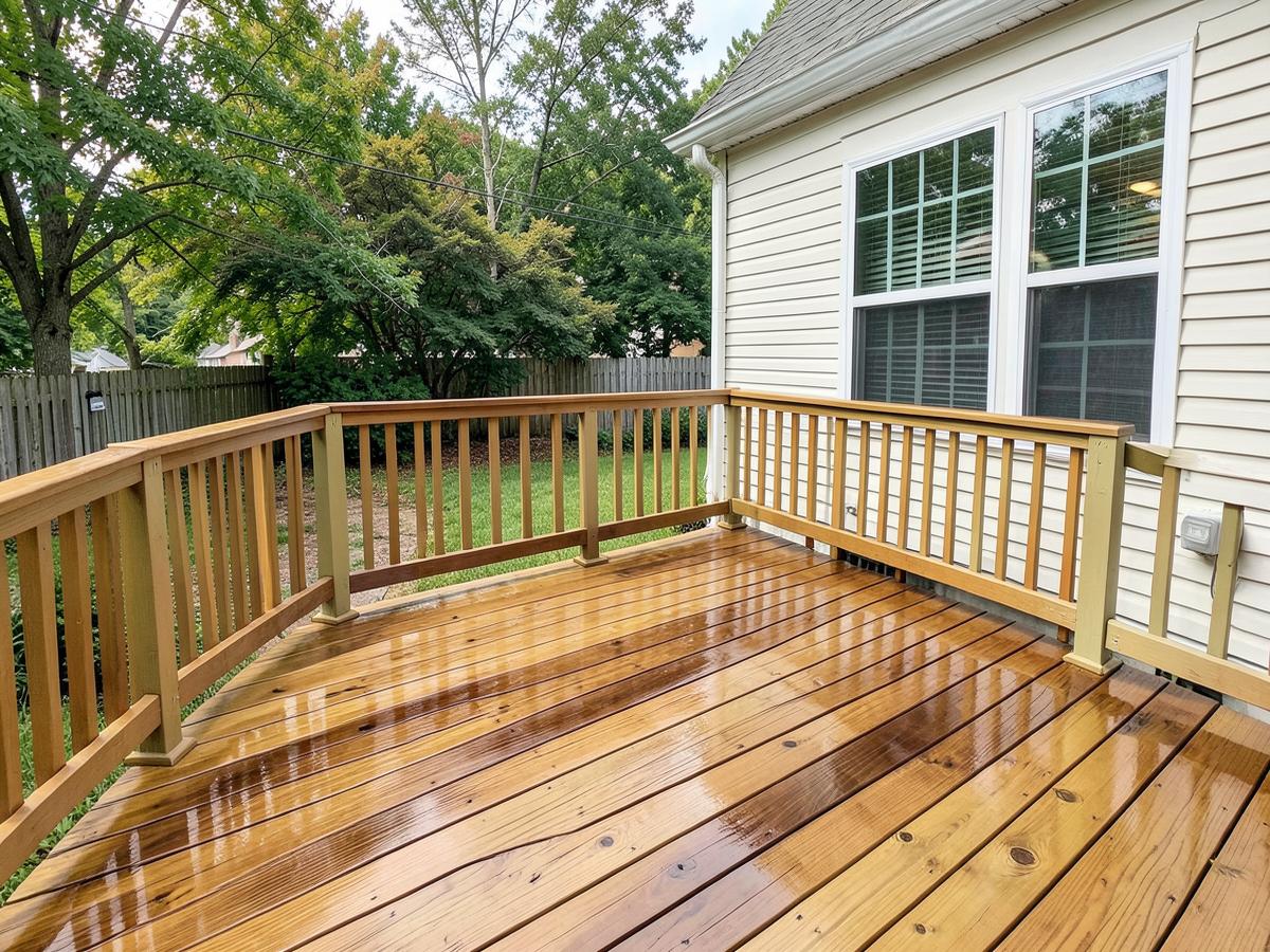 Refinished wooden deck with fresh stain