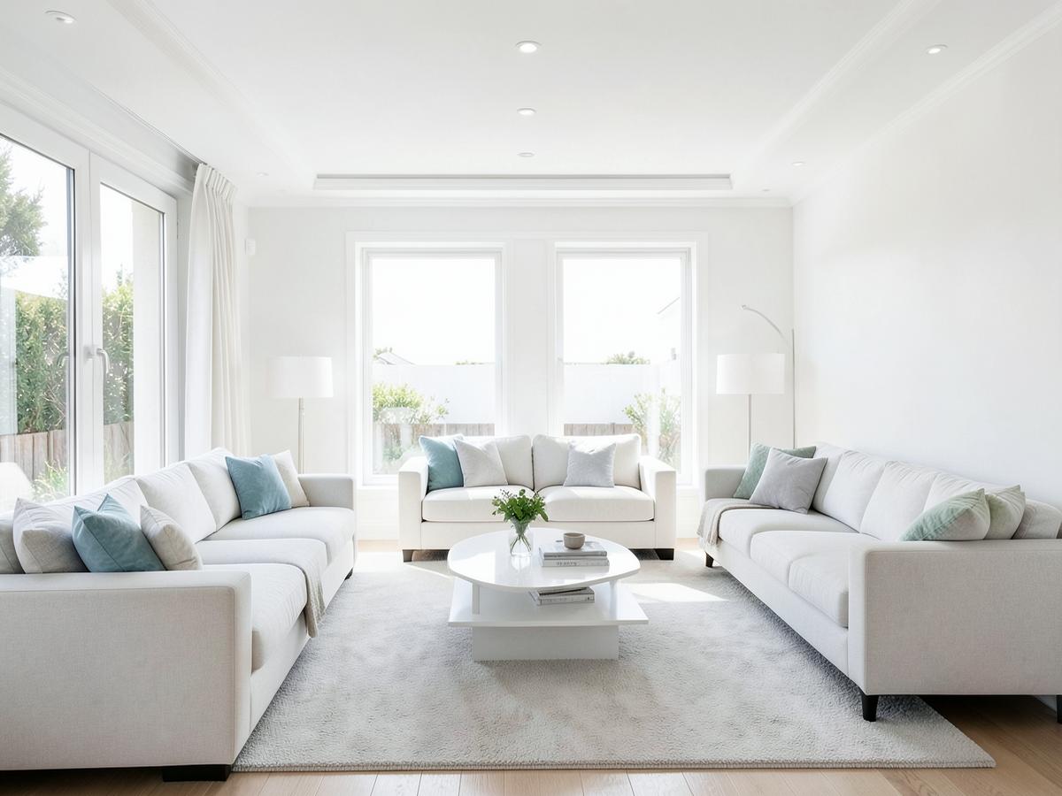 Bright living room with freshly painted white walls and trim